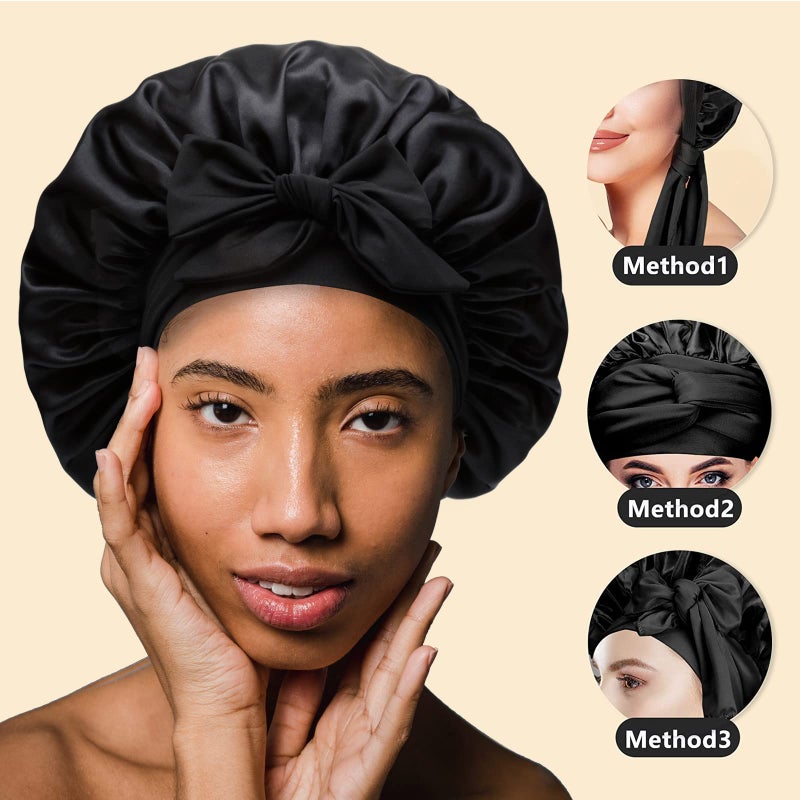 SHINEONME Silky Satin Hair Bonnet Night Cap Hair Cover for Black Women with Soft Stretchy Tie Band - Jumbo Satin Sleep Cap (Black & Leopard) - Image 2