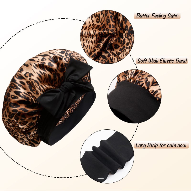 SHINEONME Silky Satin Hair Bonnet Night Cap Hair Cover for Black Women with Soft Stretchy Tie Band - Jumbo Satin Sleep Cap (Black & Leopard) - Image 3