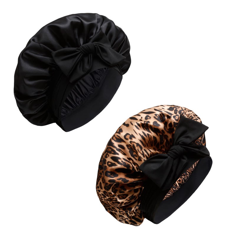 SHINEONME Silky Satin Hair Bonnet Night Cap Hair Cover for Black Women with Soft Stretchy Tie Band - Jumbo Satin Sleep Cap (Black & Leopard) - Image 1