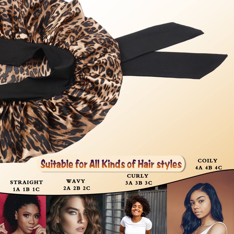 SHINEONME Silky Satin Hair Bonnet Night Cap Hair Cover for Black Women with Soft Stretchy Tie Band - Jumbo Satin Sleep Cap (Black & Leopard) - Image 4