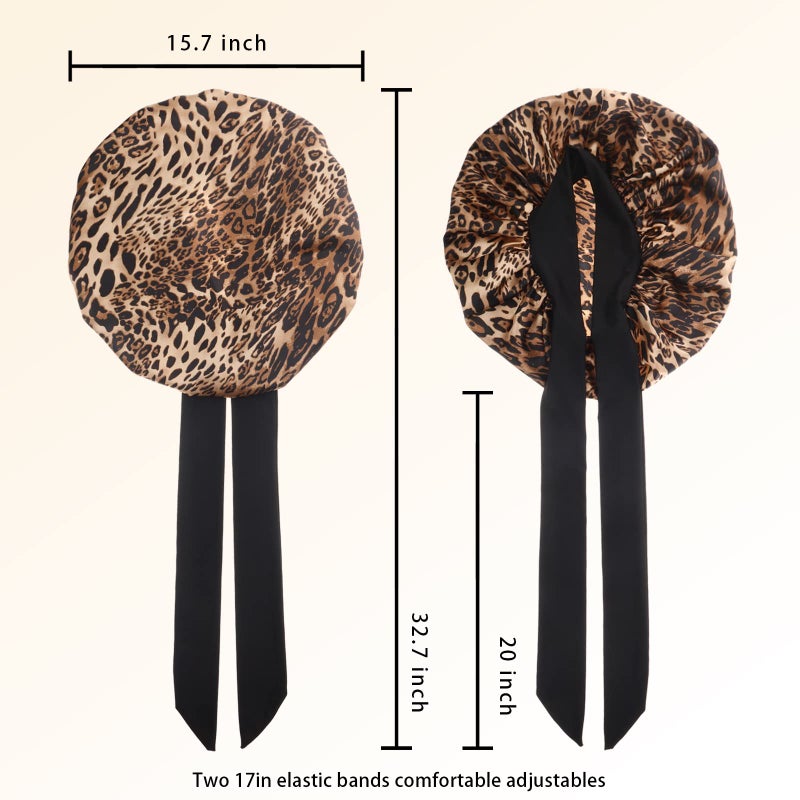 SHINEONME Silky Satin Hair Bonnet Night Cap Hair Cover for Black Women with Soft Stretchy Tie Band - Jumbo Satin Sleep Cap (Black & Leopard) - Image 5