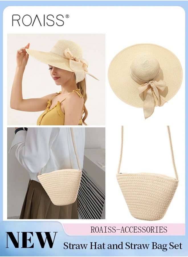 roaiss - 2 Pcs Straw Hat and Cotton Woven Bag Set Boho Style Bow Decor Straw Sun Hat Summer Floppy Beach Wide Brim Cap and Crossbody Vacation Beach Bag for Women - Image 1