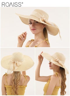 roaiss 2 Pcs Straw Hat and Cotton Woven Bag Set Boho Style Bow Decor Straw Sun Hat Summer Floppy Beach Wide Brim Cap and Crossbody Vacation Beach Bag for Women  - Image 2