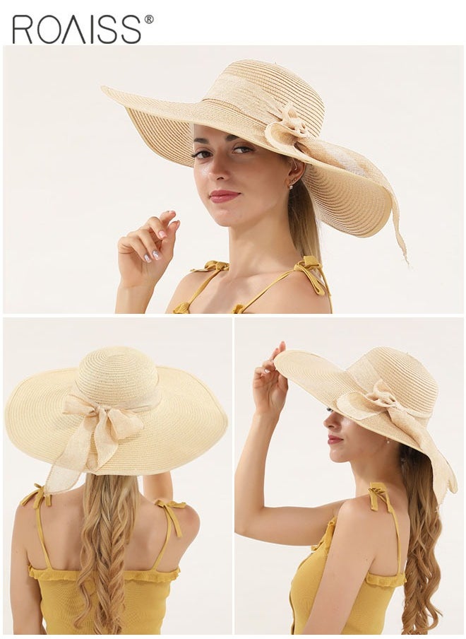 roaiss - 2 Pcs Straw Hat and Cotton Woven Bag Set Boho Style Bow Decor Straw Sun Hat Summer Floppy Beach Wide Brim Cap and Crossbody Vacation Beach Bag for Women - Image 1