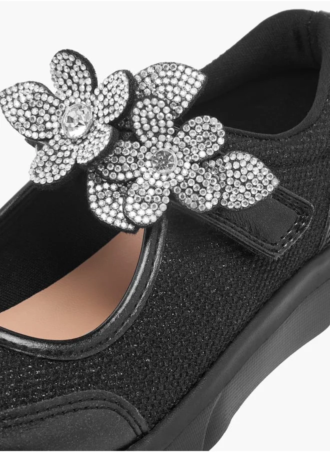 Celeste Girl's Floral Accent Mary Jane Shoes with Hook and Loop Closure
