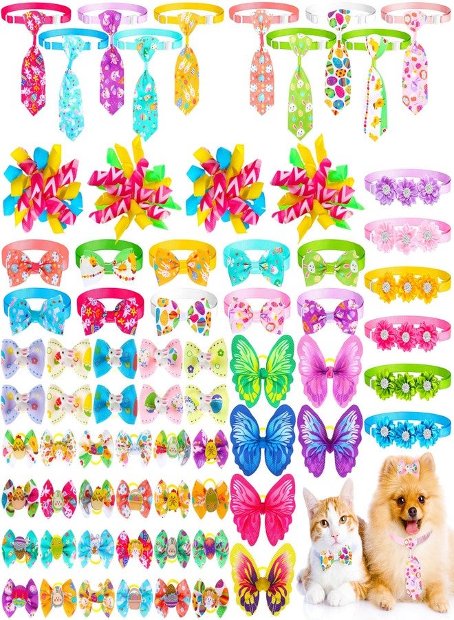 Reginary 70 Pcs Easter Dog Bow Ties Collar Set Adjustable Grooming Hair Bows Rabbit Eggs Butterfly Rhinestone Pattern Neckties for Spring Easter Puppy Cat Supplies - Image 1