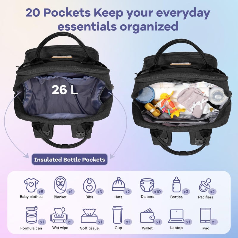 RUVALINO Diaper Bag Backpack, Multifunction Travel Pack Maternity Baby Changing Bags, Large Capacity, Waterproof, Black - Image 4