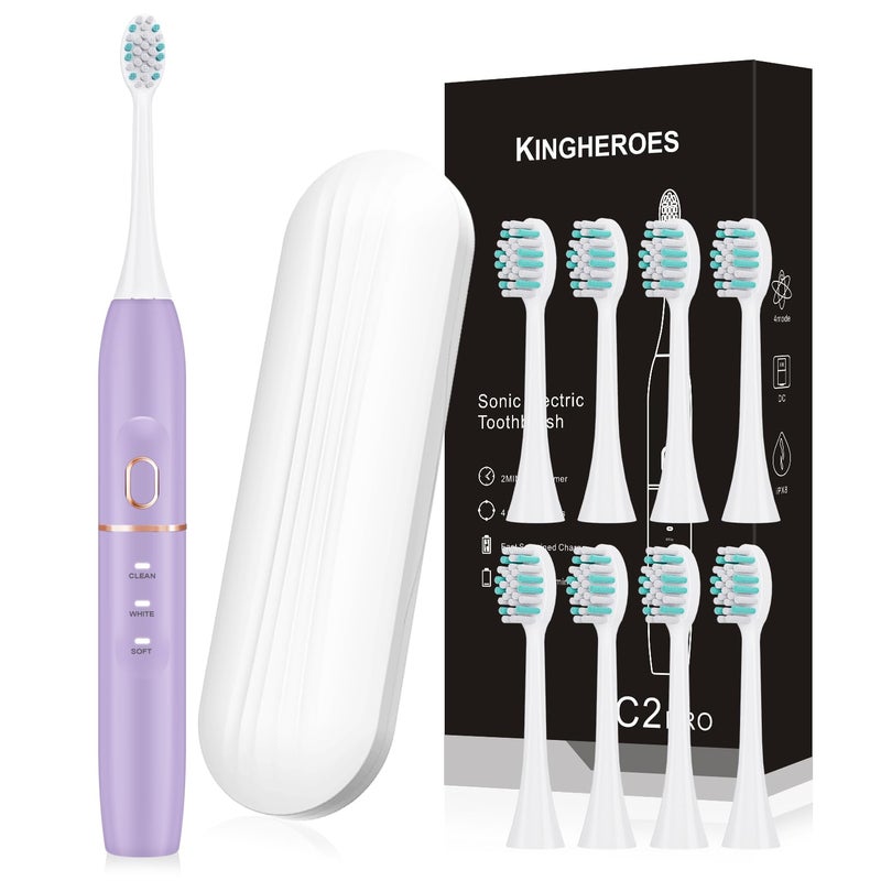 kingheroes Electric Toothbrush Set Comes with 8 Brush Heads Travel Case4 Modes with 2 Minutes Built in Smart Timer One Charge for 60 Days 42000 VPM Motor Purple