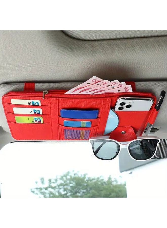 Red Car Sun Visor Organizer with Zippered Storage Glasses Clip for Cards Cash Pens - Image 3