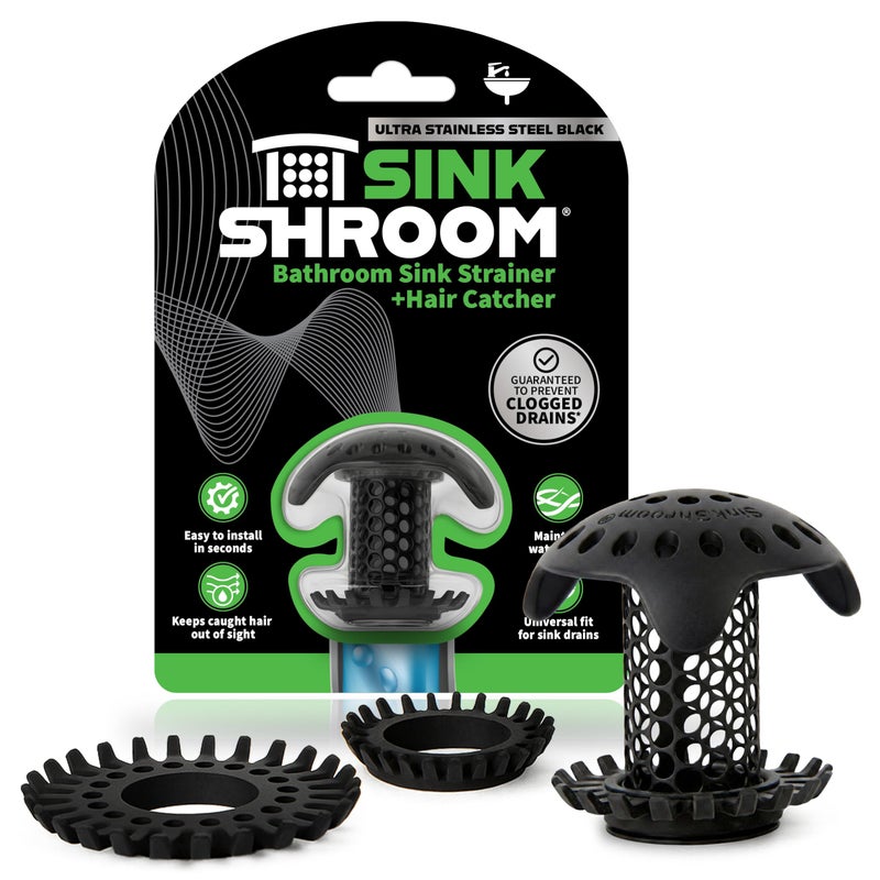 SinkShroom Ultra Bathroom Sink Drain Protector, Stainless Steel, Matte Black, Hair Catcher with Multiple Drain Adapters - Image 1