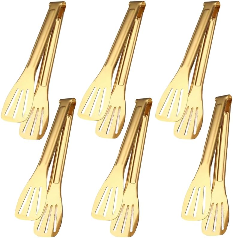 Sunenlyst 6 Pack Serving Tongs Kitchen Tong, 7 Inch Gold Buffet Tongs, Stainless Steel Food Tong Small Tong, Serving Tong for Buffet, Party, Salad, Appetizers - Image 1