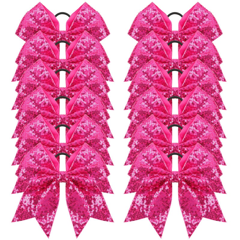 Oaoleer 12PCS 7 Large Glitter Cheer Hair Bows Ponytail Holder Elastic Band Handmade for Cheerleading Teen Girls College Sports Sequin Hot Pink 12PCS