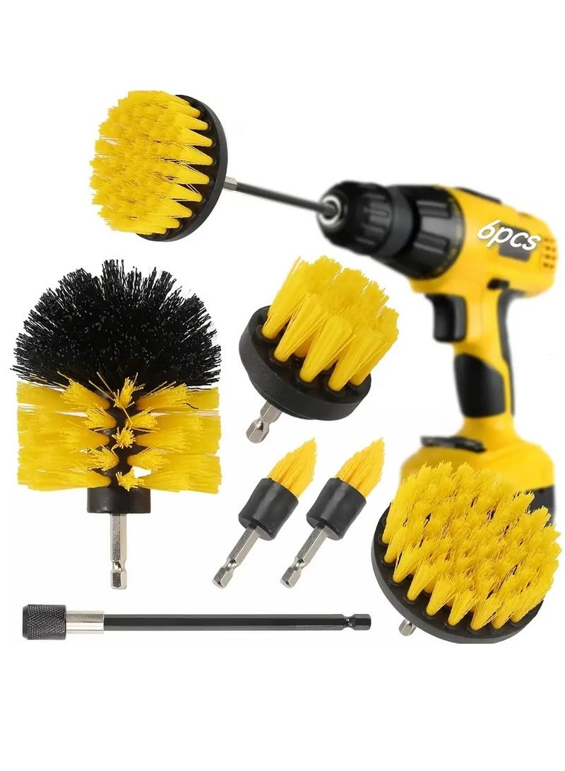 Generic 6-piece cleaning brush with electric hair brush extension accessory set, suitable for crevices, floors, bathtubs, showers, tiles, car cleaning brushes, yellow  - Image 1