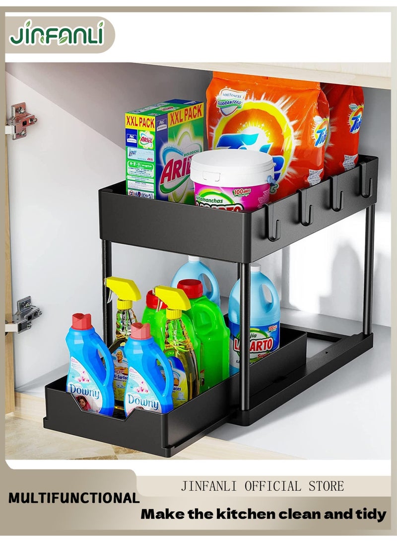 JINFANLI Under sliding cabinet basket organizer, 2 tier storage under cabinet bathroom under sink organizers and storage black under sink storage, multi purpose storage shelf for kitchen, bathroom, office - Image 1