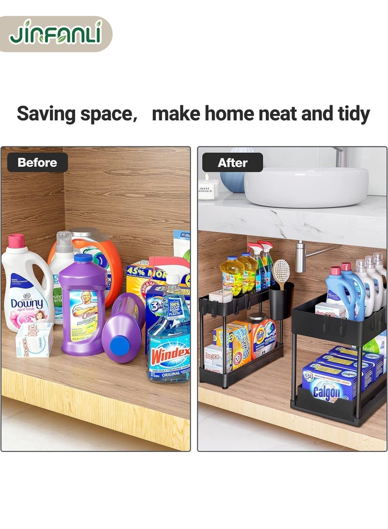 JINFANLI Under sliding cabinet basket organizer, 2 tier storage under cabinet bathroom under sink organizers and storage black under sink storage, multi purpose storage shelf for kitchen, bathroom, office - Image 4