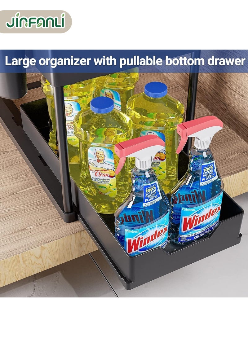 JINFANLI Under sliding cabinet basket organizer, 2 tier storage under cabinet bathroom under sink organizers and storage black under sink storage, multi purpose storage shelf for kitchen, bathroom, office - Image 5