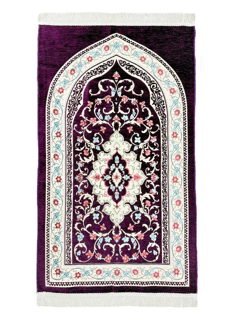 الحرائر  سجادة صلاة فاخرة طويلة الأمد من نسيج الشنيل المضاعف بزخارف إسلامية مزهرة وشراشيب ملتوية بيضاء عالية الجودة 115×70 سم - Image 1