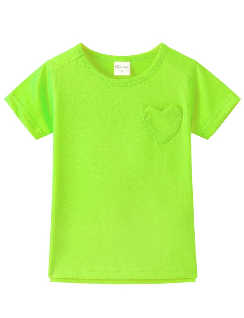 Noomelfish Girls Short Sleeve Heart Pocket T-Shirts Casual Cotton Tee Tops Blouse, Neon Green, Size 5-6 Years - Image 1