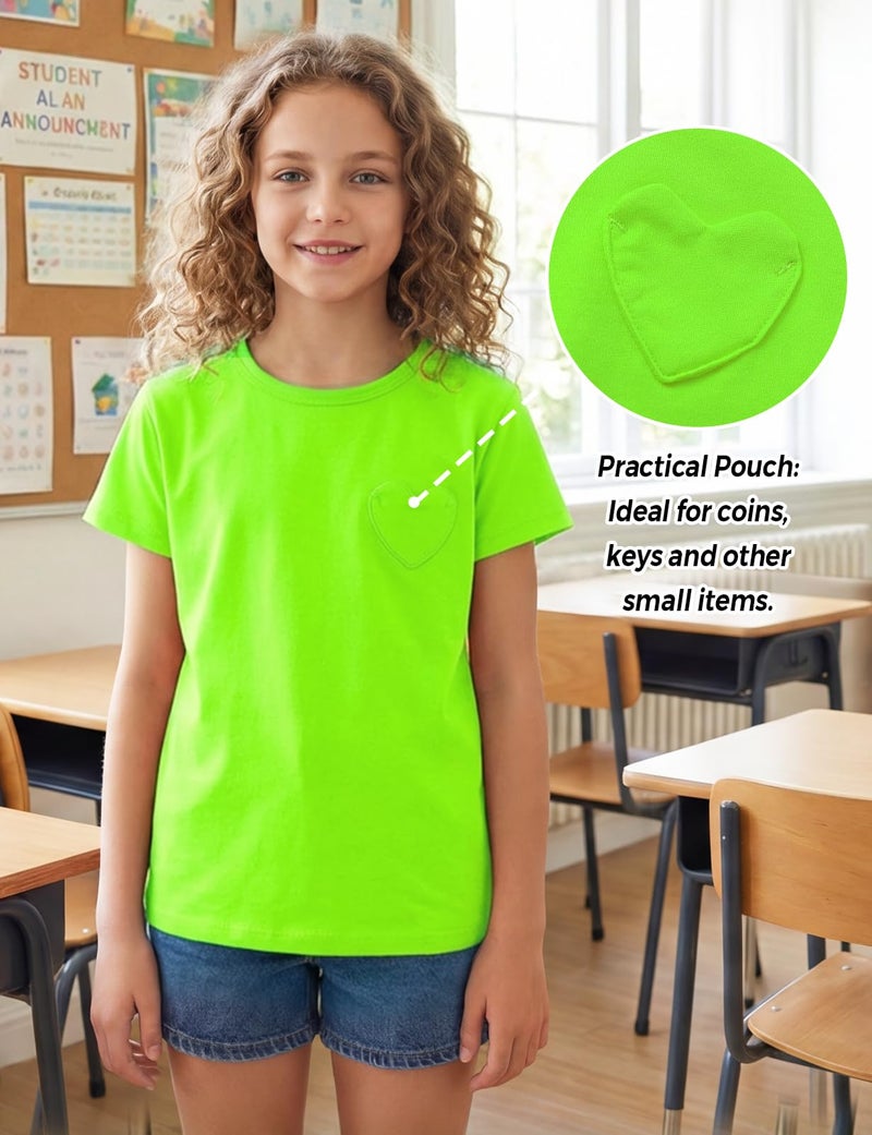 Noomelfish Girls Short Sleeve Heart Pocket T-Shirts Casual Cotton Tee Tops Blouse, Neon Green, Size 5-6 Years - Image 3