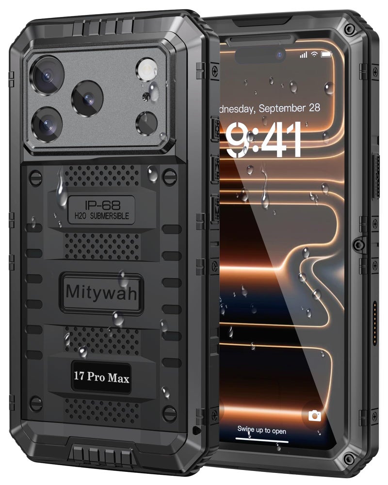 Mitywah for iPhone 17 Pro Max Waterproof Case, Military Metal Case with Built-in Screen Protector, Heavy Duty Full Body Shockproof Rugged Cover 6.9 inch, Black - Image 1
