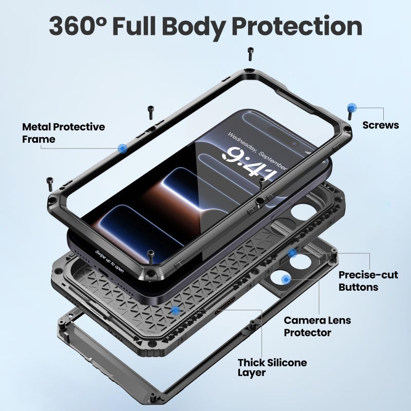 Mitywah for iPhone 17 Pro Max Waterproof Case, Military Metal Case with Built-in Screen Protector, Heavy Duty Full Body Shockproof Rugged Cover 6.9 inch, Black - Image 5