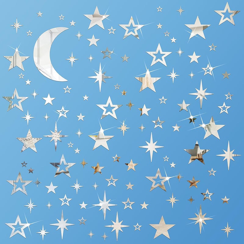 Shappy 100 Pcs Acrylic Moon Star Mirror Wall Stickers Decal 3D Acrylic Mirror Stickers Removable Decal for Room Good Night Nursery House Bedroom Wall DecorSilver - Image 1