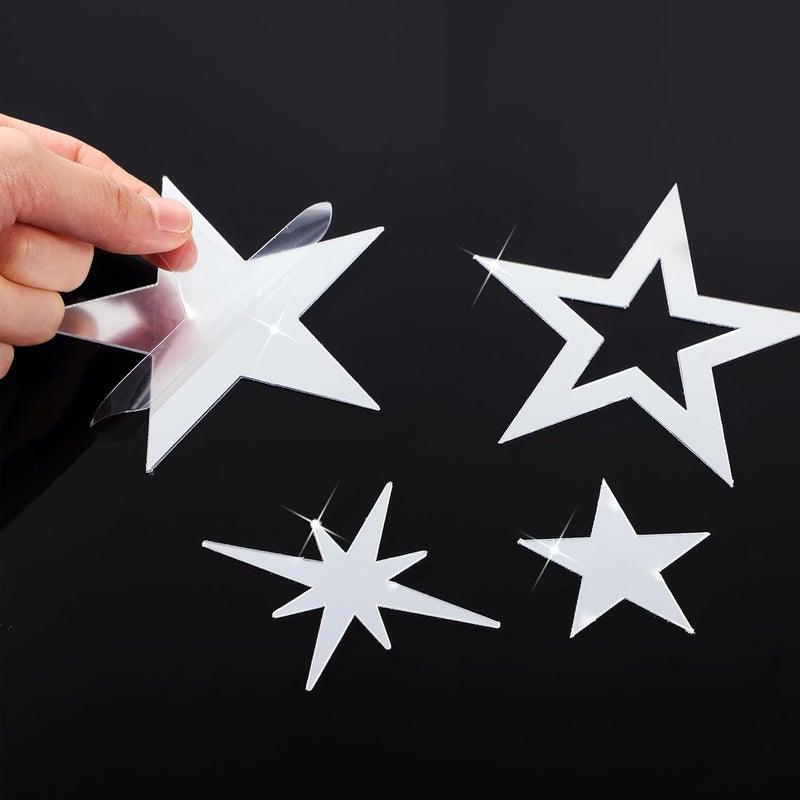 Shappy 100 Pcs Acrylic Moon Star Mirror Wall Stickers Decal 3D Acrylic Mirror Stickers Removable Decal for Room Good Night Nursery House Bedroom Wall DecorSilver - Image 3