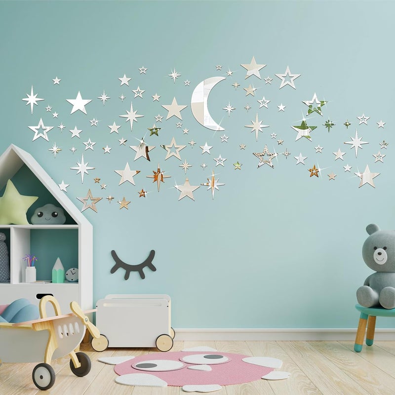 Shappy 100 Pcs Acrylic Moon Star Mirror Wall Stickers Decal 3D Acrylic Mirror Stickers Removable Decal for Room Good Night Nursery House Bedroom Wall DecorSilver - Image 4
