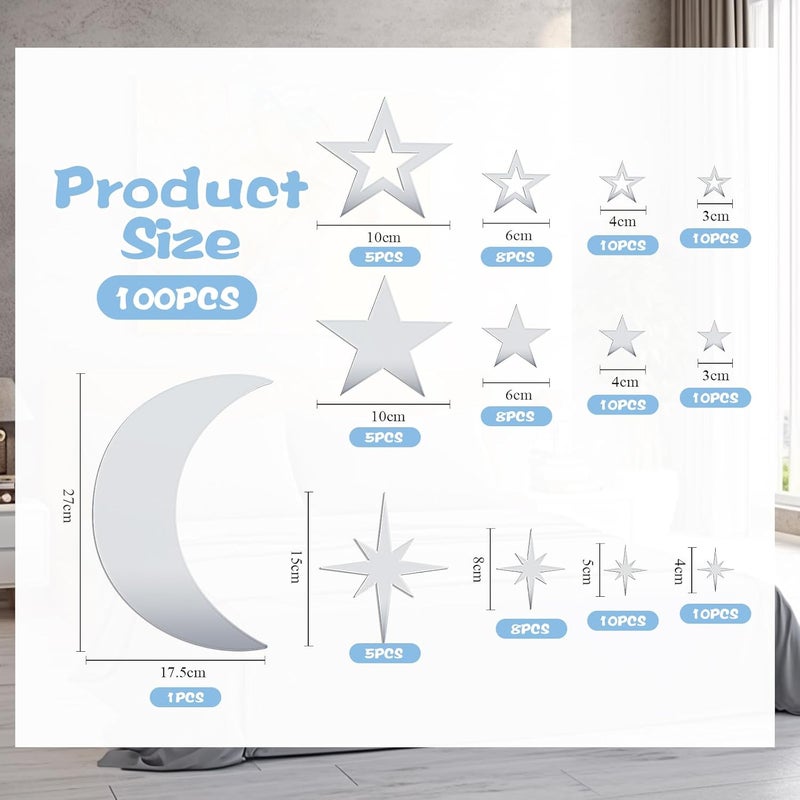 Shappy 100 Pcs Acrylic Moon Star Mirror Wall Stickers Decal 3D Acrylic Mirror Stickers Removable Decal for Room Good Night Nursery House Bedroom Wall DecorSilver - Image 2