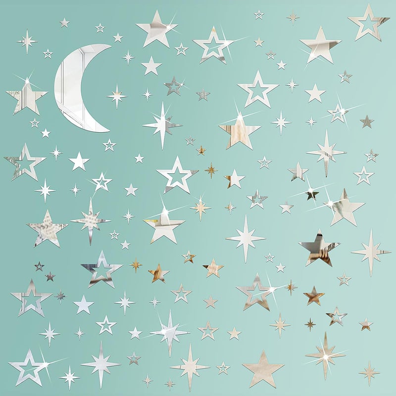 Shappy 100 Pcs Acrylic Moon Star Mirror Wall Stickers Decal 3D Acrylic Mirror Stickers Removable Decal for Room Good Night Nursery House Bedroom Wall DecorSilver - Image 5