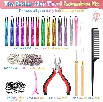 Modacraft 14 Colors 3000 Strands Hair Tinsel Extensions 47 Inch Glitter Hair Extension Fairy Hair Tinsel Strands Kit Holographic Dazzle Colour Straight Hair Extensions for Women Girls Party Cosplay - Image 2