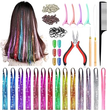 Modacraft 14 Colors 3000 Strands Hair Tinsel Extensions 47 Inch Glitter Hair Extension Fairy Hair Tinsel Strands Kit Holographic Dazzle Colour Straight Hair Extensions for Women Girls Party Cosplay - Image 1