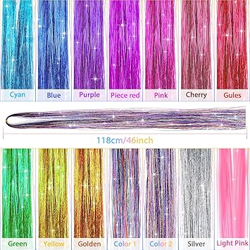 Modacraft 14 Colors 3000 Strands Hair Tinsel Extensions 47 Inch Glitter Hair Extension Fairy Hair Tinsel Strands Kit Holographic Dazzle Colour Straight Hair Extensions for Women Girls Party Cosplay - Image 3