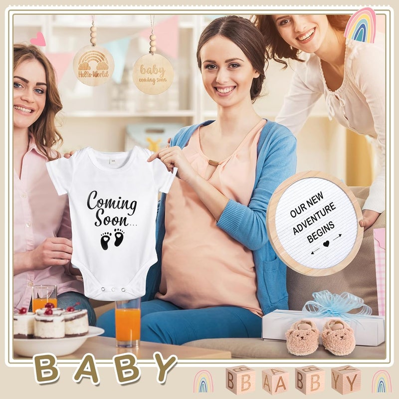 Canlierr 8 Pcs Pregnancy Announcement Set Pregnancy Reveal Ideas Include Felt Letter Round Board Kit Baby Bodysuit Booties Wood Blocks Wooden Signs for Coming Soon Baby AnnouncementWhite - Image 5