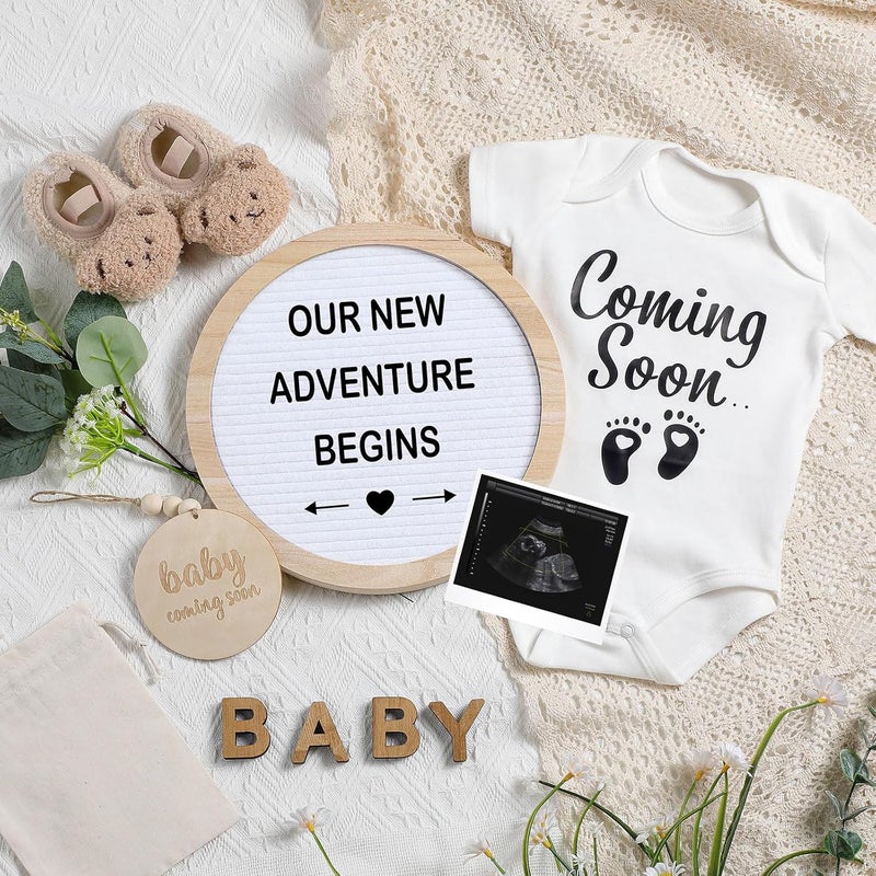Canlierr 8 Pcs Pregnancy Announcement Set Pregnancy Reveal Ideas Include Felt Letter Round Board Kit Baby Bodysuit Booties Wood Blocks Wooden Signs for Coming Soon Baby AnnouncementWhite - Image 1
