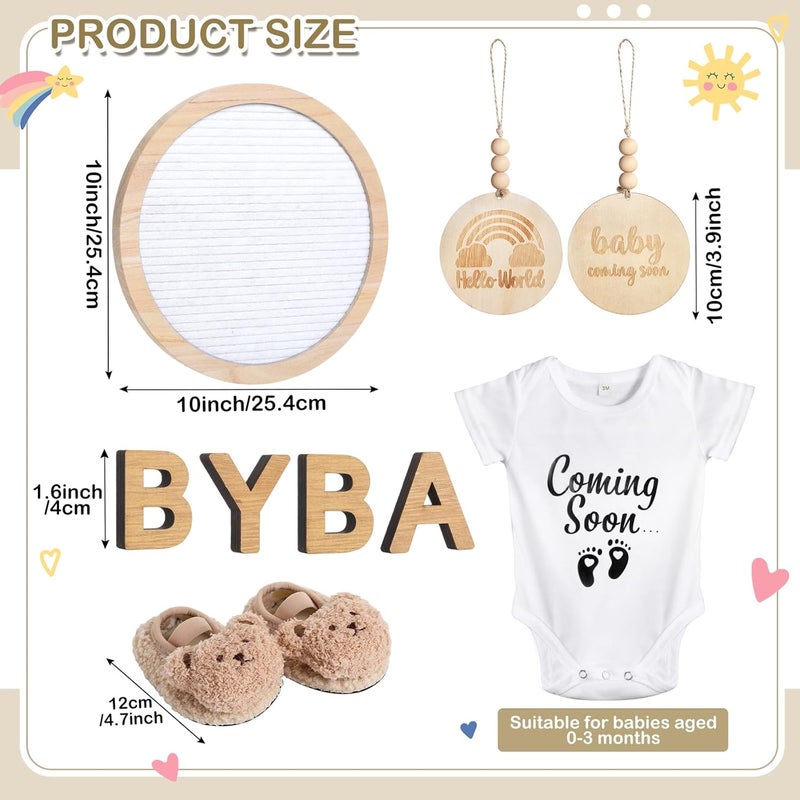 Canlierr 8 Pcs Pregnancy Announcement Set Pregnancy Reveal Ideas Include Felt Letter Round Board Kit Baby Bodysuit Booties Wood Blocks Wooden Signs for Coming Soon Baby AnnouncementWhite - Image 2