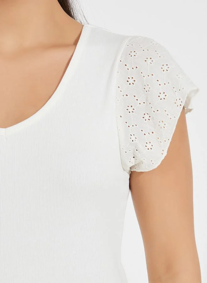 Styli Schiffli Sleeves Rib Knit V Neck Top