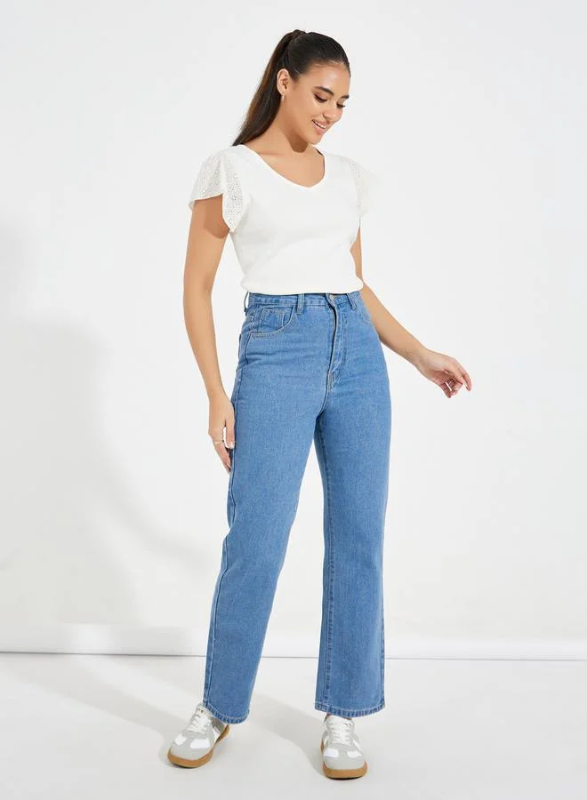 Styli Schiffli Sleeves Rib Knit V Neck Top
