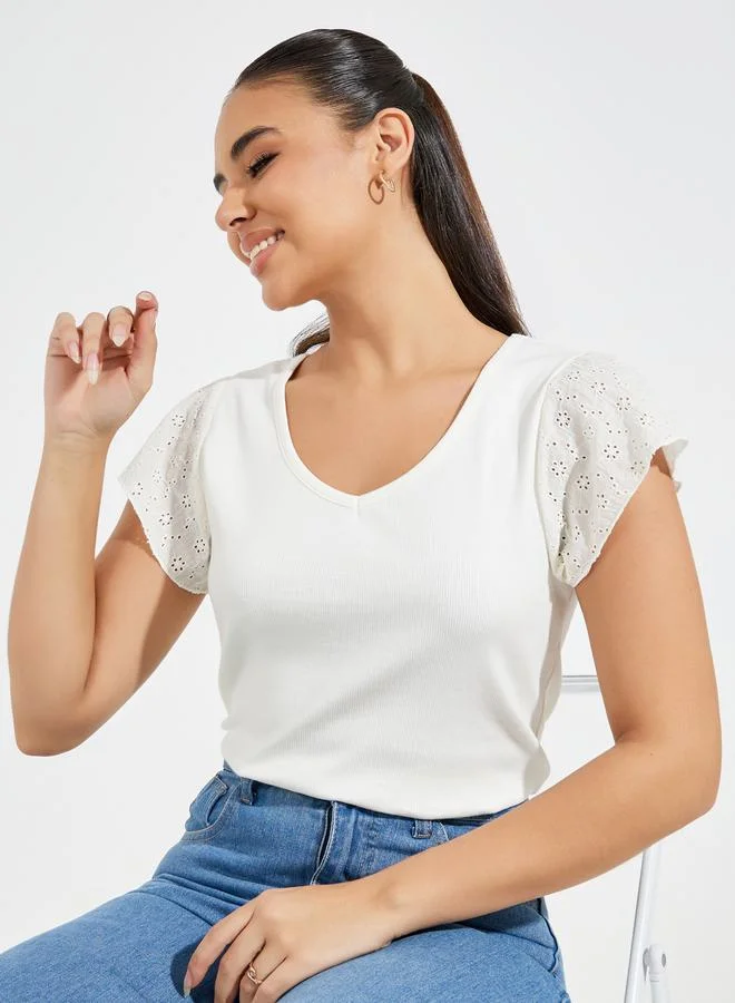 Styli Schiffli Sleeves Rib Knit V Neck Top