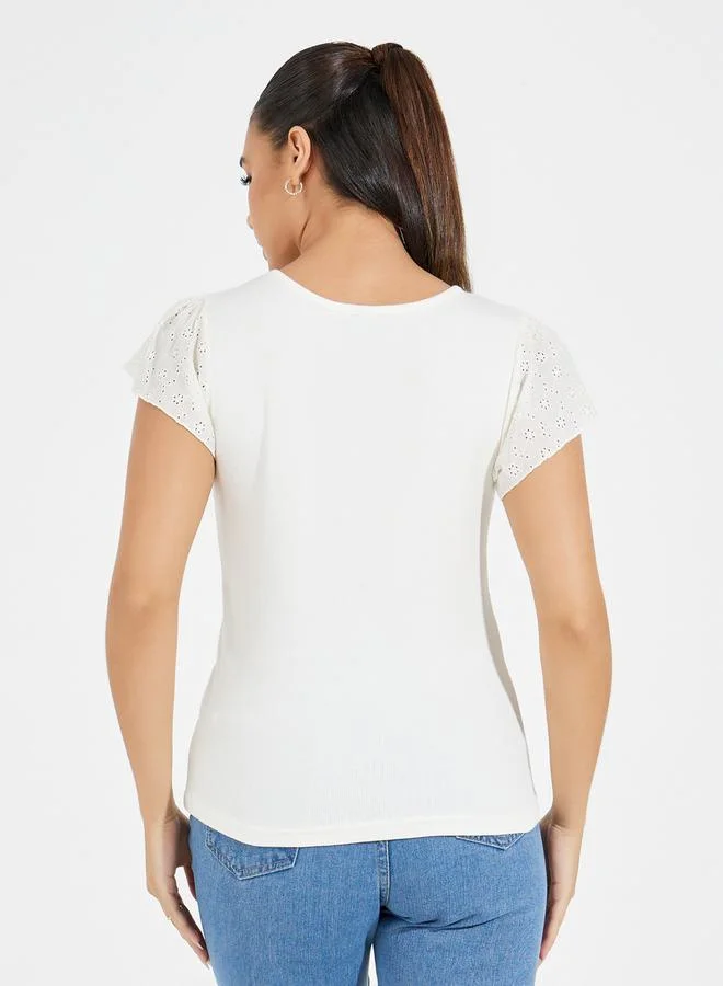 Styli Schiffli Sleeves Rib Knit V Neck Top