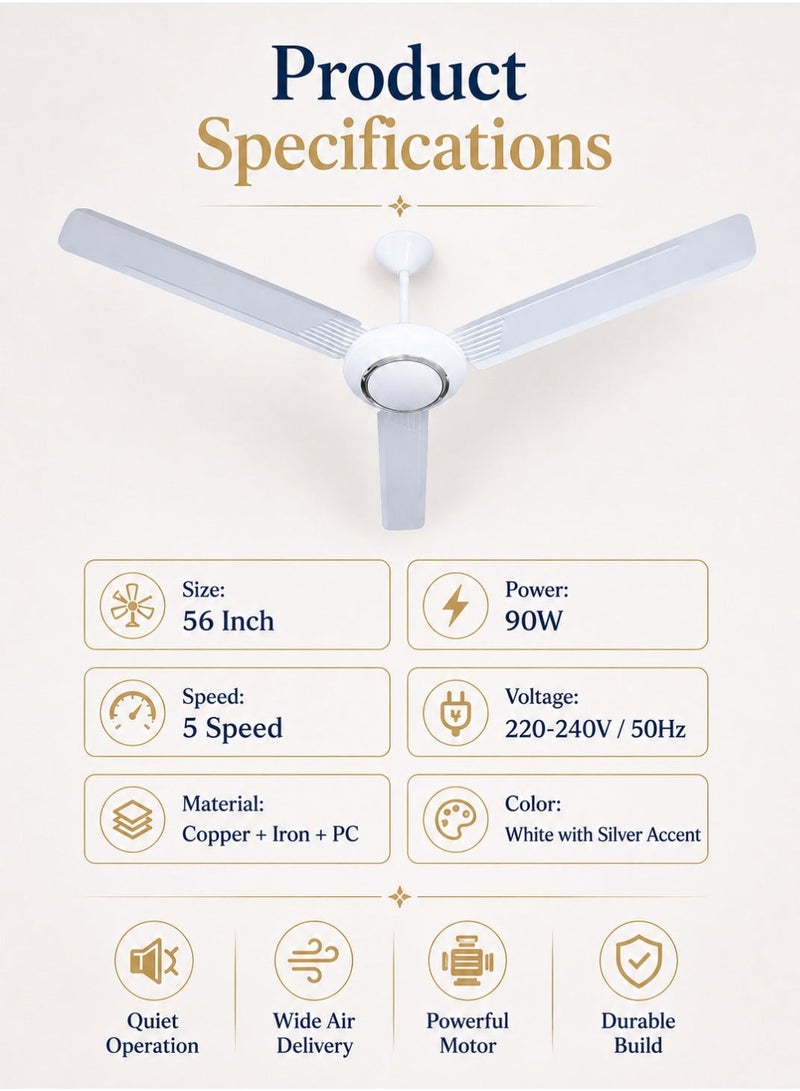 MODI 56" Three-Blade Ceiling Fan with 5-Speed Control – Indoor Use, Energy-Efficient, Quiet Operation, Ideal for Bedrooms & Living Rooms 90W (SILVER DECOR) - Image 5