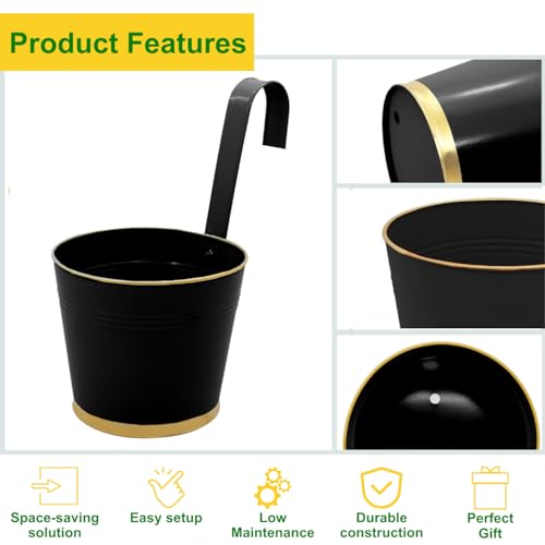 ecofynd 7 Inches Halley Railing Planters for Balcony, Hanging Pots for Plants, Wall Hanging Decorative Planters for Vertical Garden, Pack of 3 (Black) - Image 3