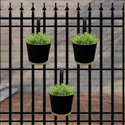 ecofynd 7 Inches Halley Railing Planters for Balcony, Hanging Pots for Plants, Wall Hanging Decorative Planters for Vertical Garden, Pack of 3 (Black) - Image 1