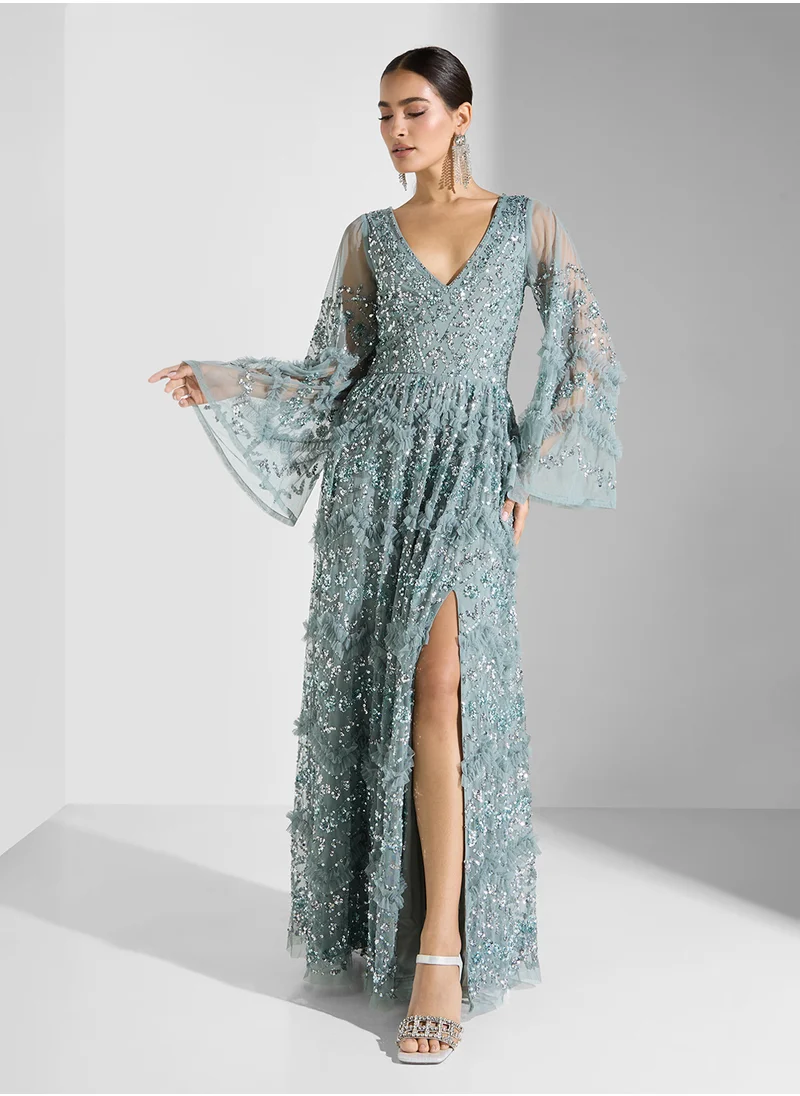 Maya Premium Ruffle All Over Embellished Maxi Dress