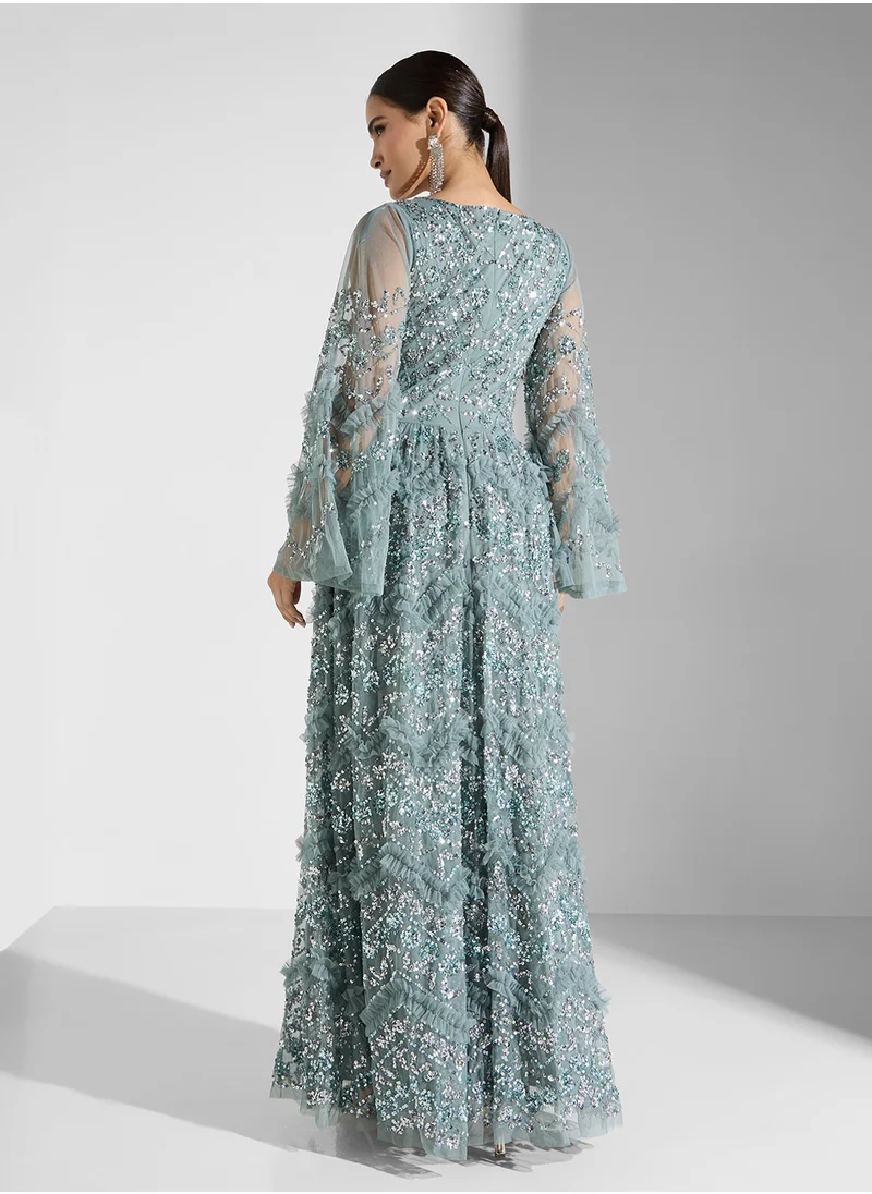 Maya Premium Ruffle All Over Embellished Maxi Dress