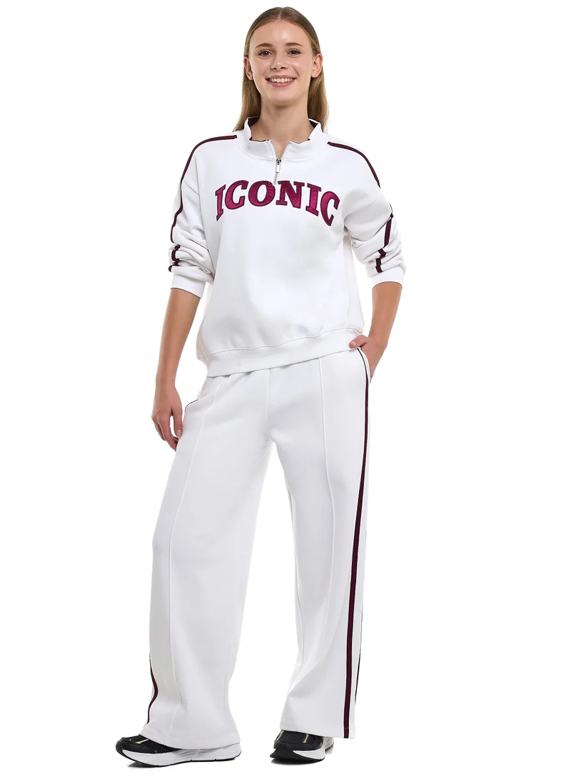 victor and jane ICONIC White & Maroon Half-Zip Sweater & Wide-Leg Jogger Set