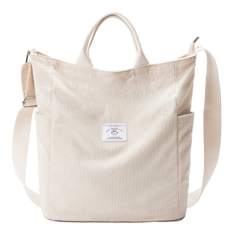 KALIDI Corduroy Tote Bag Large Messenger Bag Shoulder Hobo Anti Splash Crossbody Zipper Bag Casual Work Shopping Women Beige