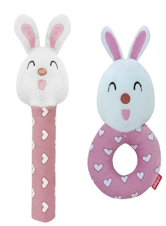 Pikipo Baby Soft Toy Combo (2-in-1): Bunny Straight Squeeze Handle + Bunny Round Ring Handle Rattles, Pink