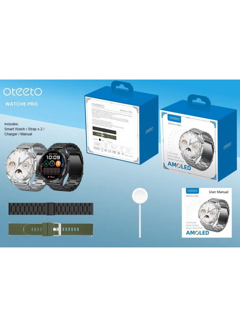 Oteeto Oteeto Watch 5 Pro 1.43 inch AMOLED Smart Watch with 2 Straps and Wireless Charger for Men Black  - Image 3