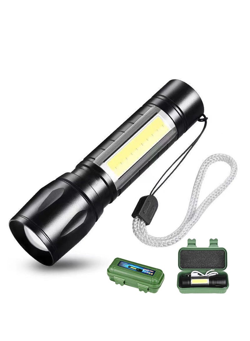 Macon Rechargeable LED Flashlight with Side COB Light, Waterproof, Zoomable Torch with Wrist Strap & Carrying Case – Black - Image 1